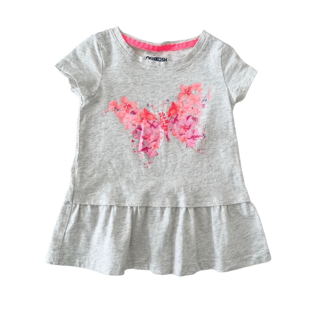 OshKosh B'gosh Gray w/Pink Floral Butterfly & Ruffle Hem, Graphic Tee | Girl 2T - Picture 1 of 5